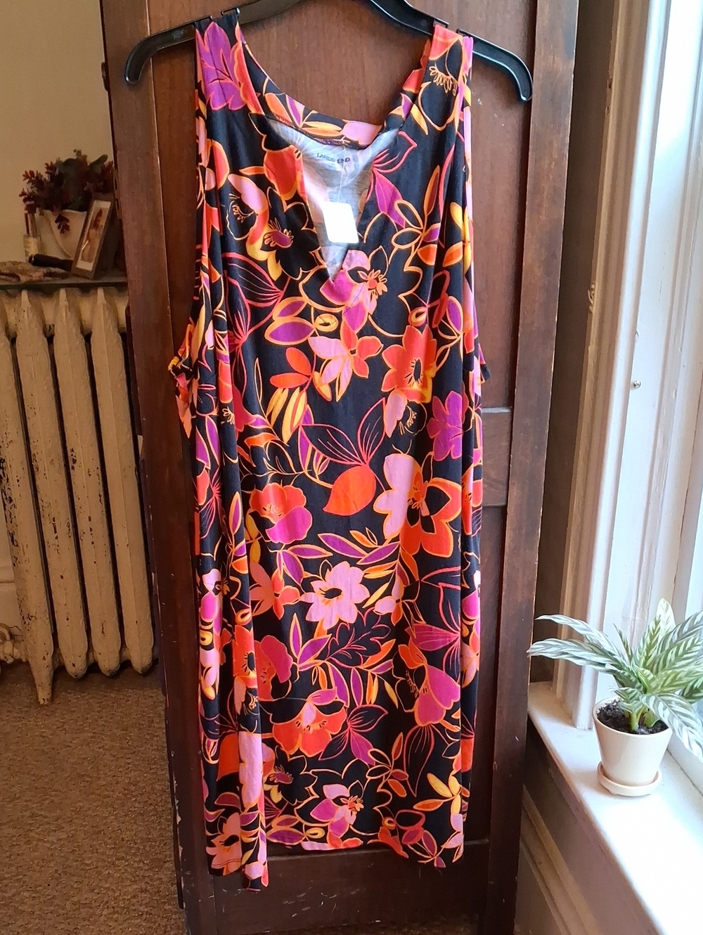 Land's End Woman's Size 3X Blk And Pink Tropical Floral Sleeveless Dress